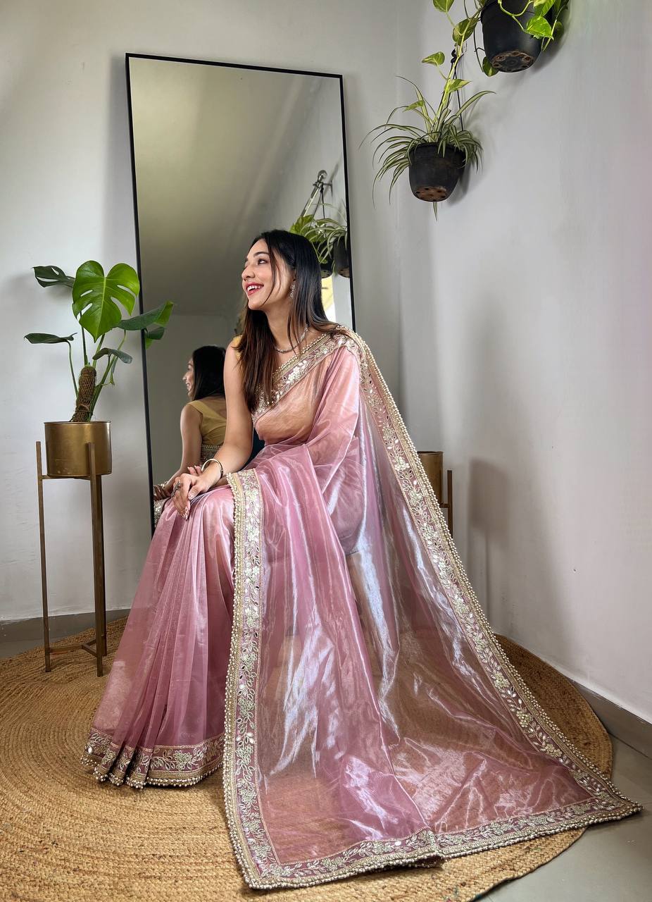 Silver Tissue Silk  Designer Embroidery Work of  Sequence