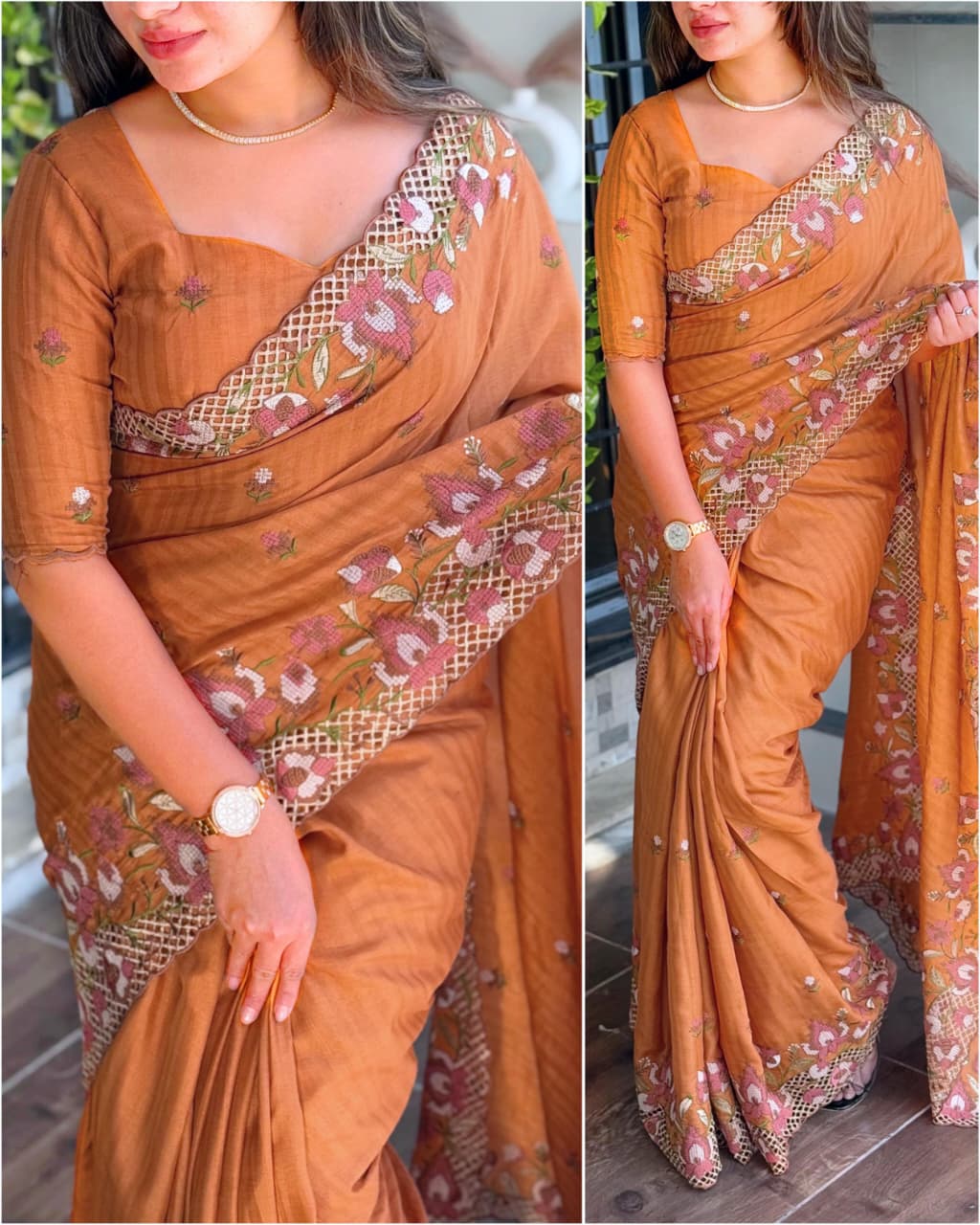 Visca Slub Silk  Stunning Cut Work Visca Slub Silk Saree.