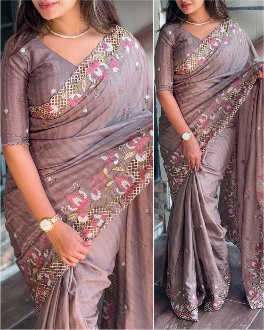 Visca Slub Silk  Stunning Cut Work Visca Slub Silk Saree.