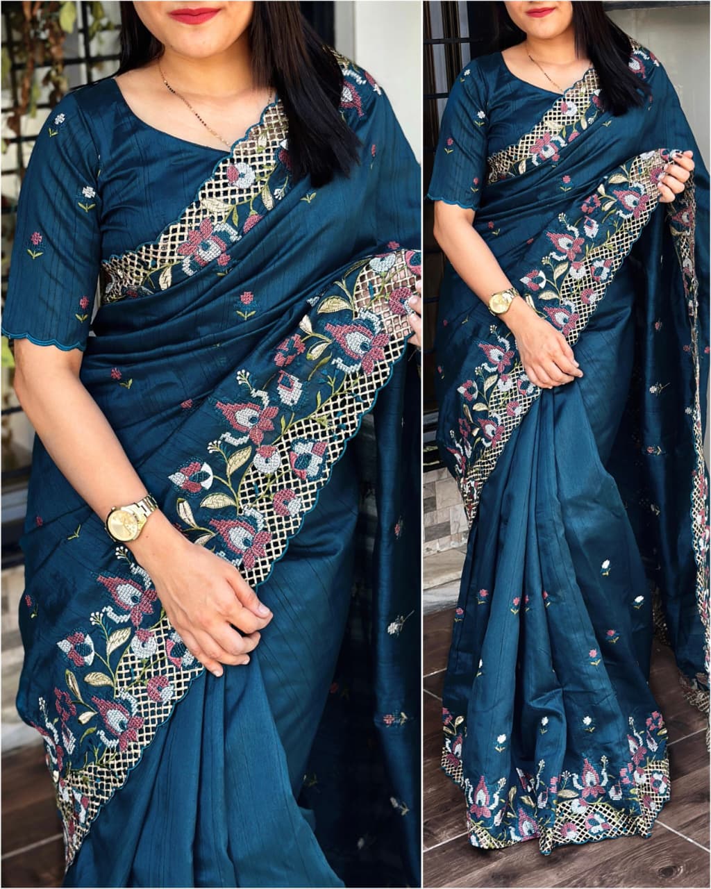Visca Slub Silk  Stunning Cut Work Visca Slub Silk Saree.