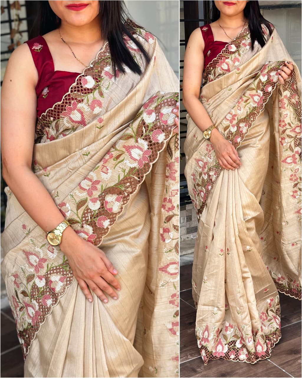 Visca Slub Silk  Stunning Cut Work Visca Slub Silk Saree.
