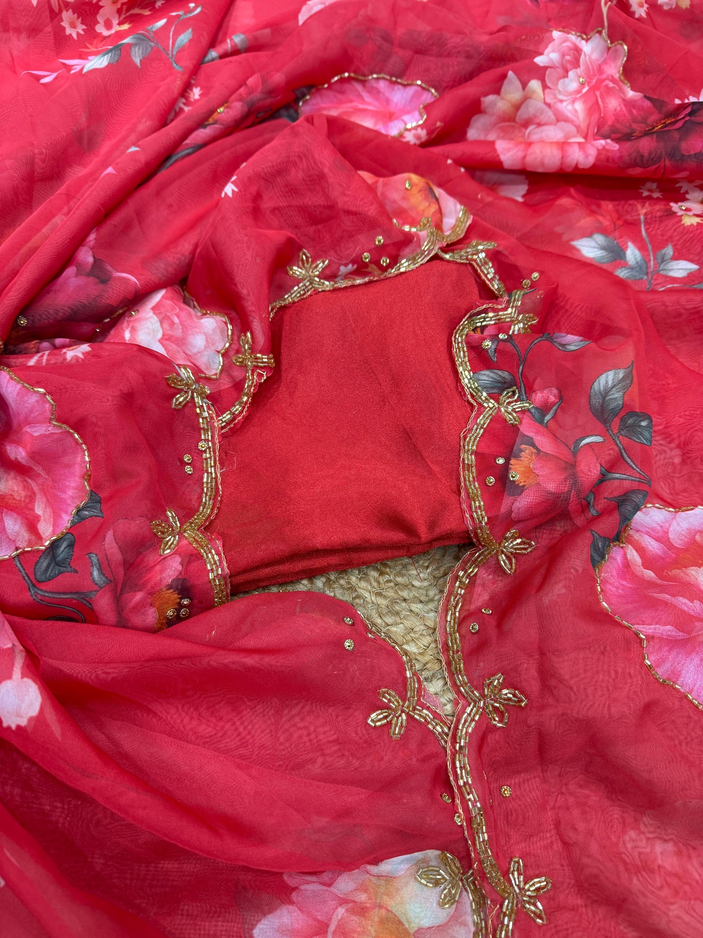 Beautiful floral print with katdana and pearls handwork