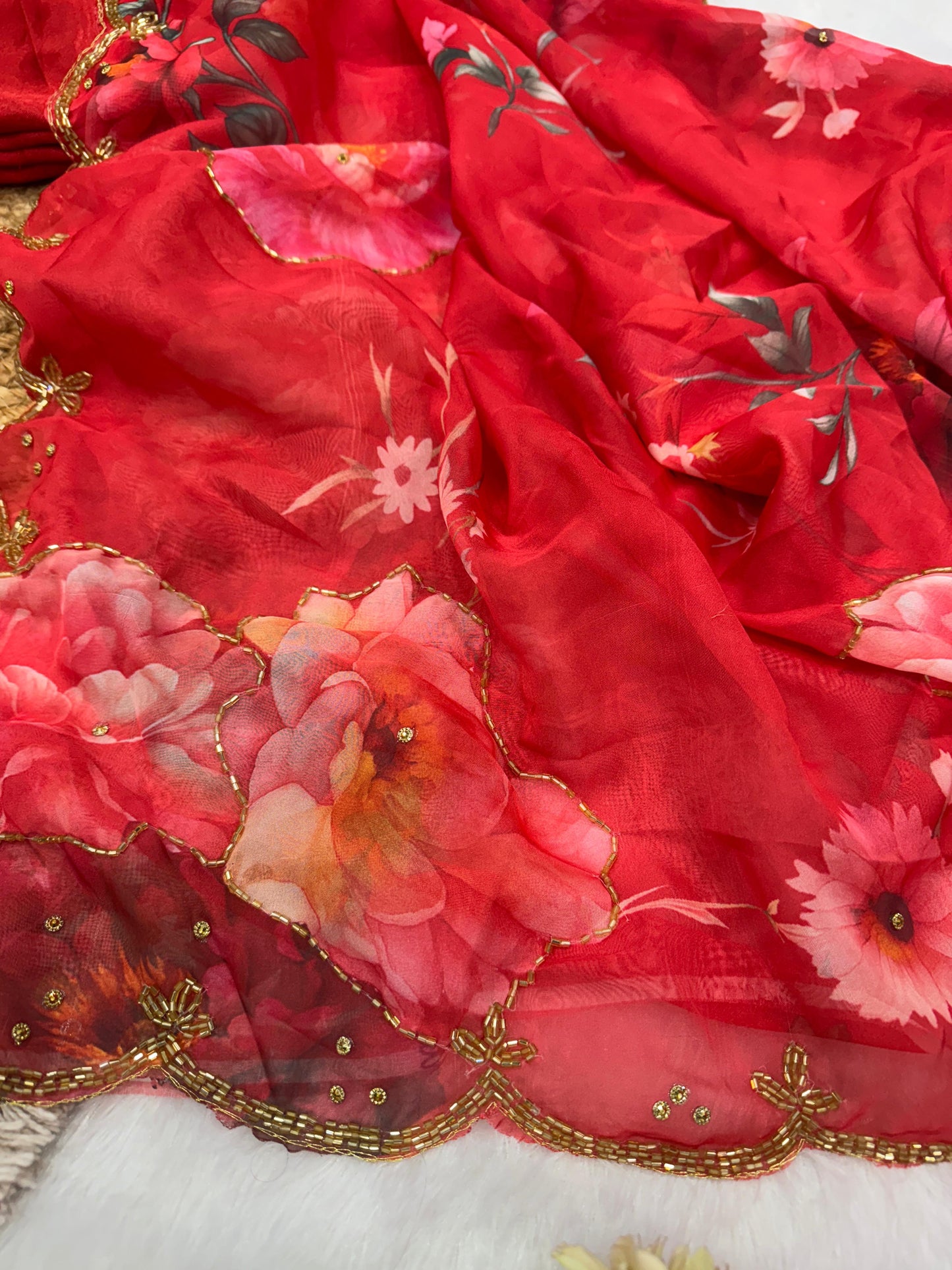 Beautiful floral print with katdana and pearls handwork