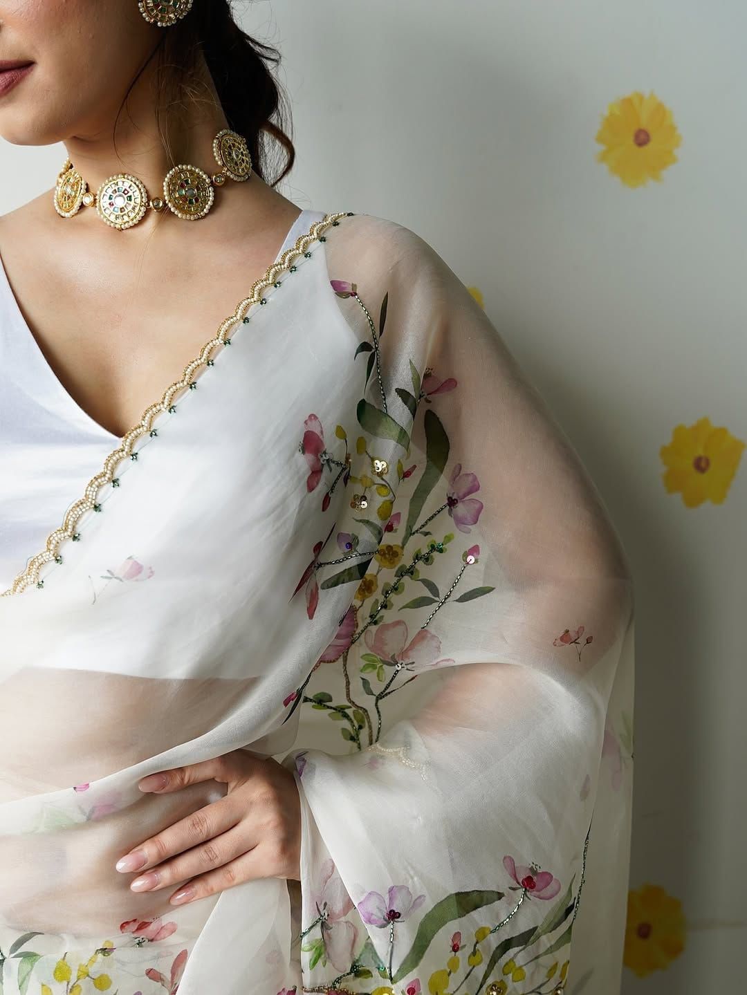 Beautiful floral print with beads, Sequins and katdana handwork in border saree