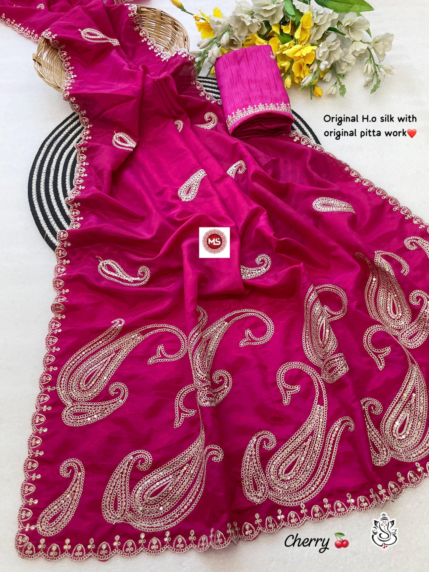 Premium Quality Soft H.O Silk Saree with Heavy Pitta Aari-Tari Work & Designer Cut Border