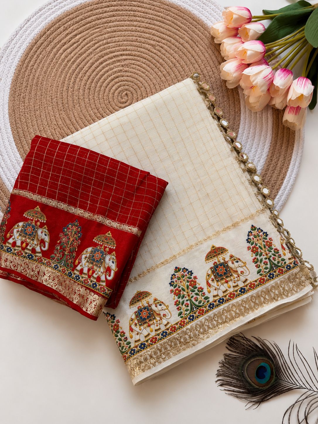 Premium Viscose Checks Saree with Golden Zari Satin Border & White Elephant Chhatra Design