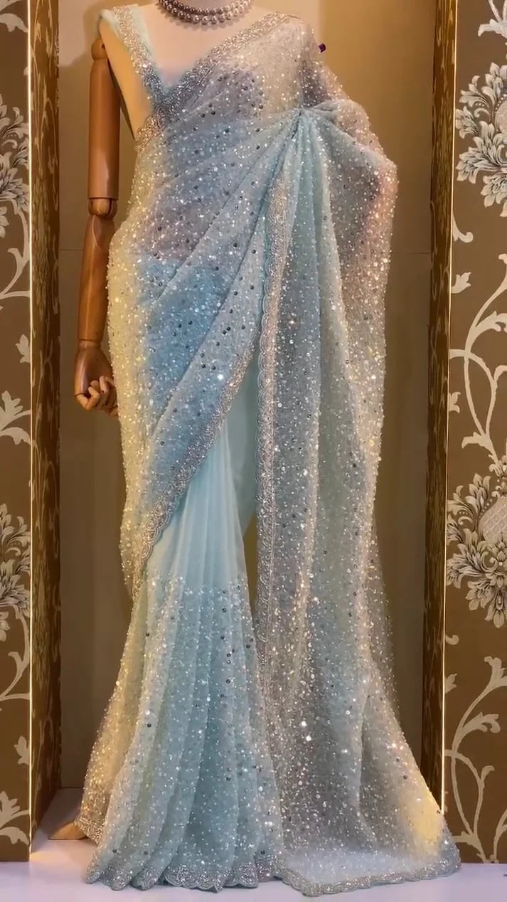 Soft Net Saree with Sequins & Beads Embroidery