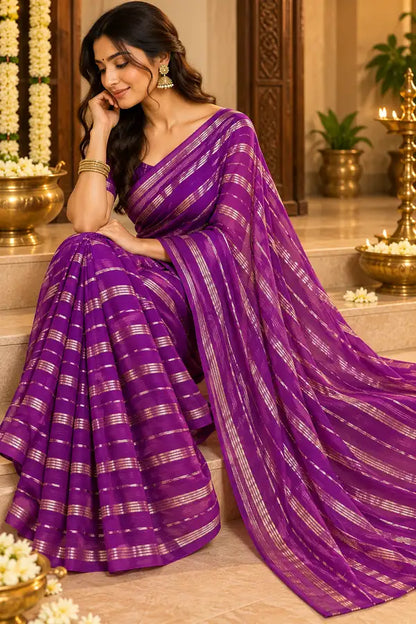 Viscose Georgette Saree with Golden Woven Border & Running Blouse
