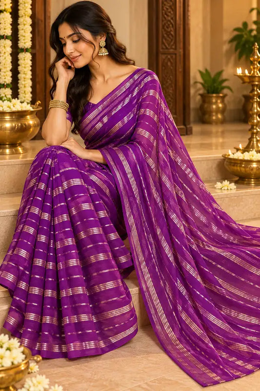 Viscose Georgette Saree with Golden Woven Border & Running Blouse