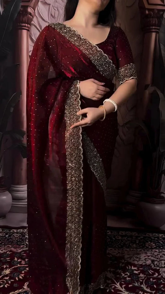 Fendi Space Silk Saree With Jarkhan Work All Over Saree