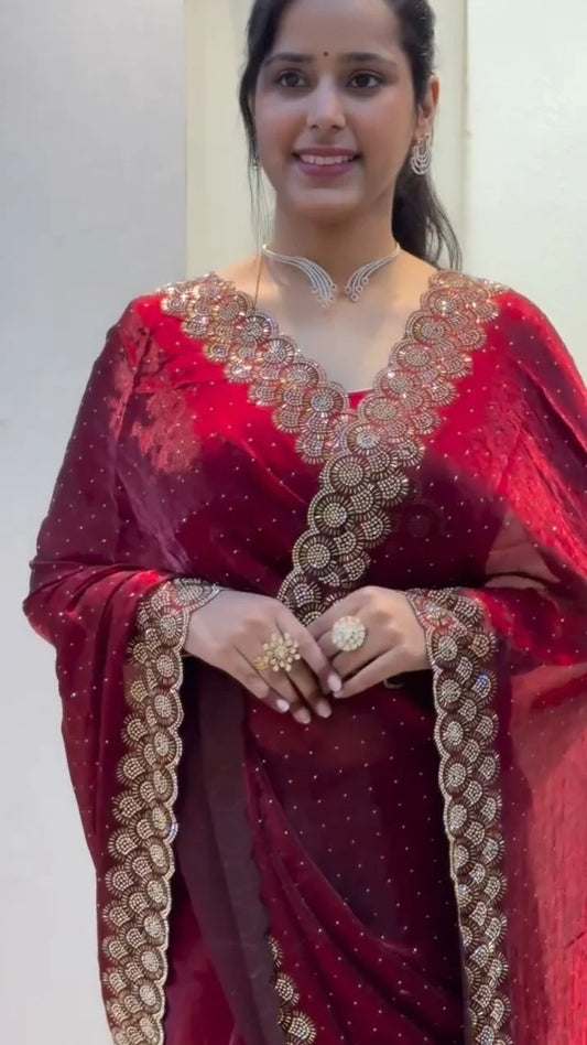 Luxury Space Silk Padding Saree with Original Jarkan Diamond Work