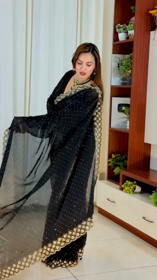 Luxury Space Silk Padding Saree with Original Jarkan Diamond Work