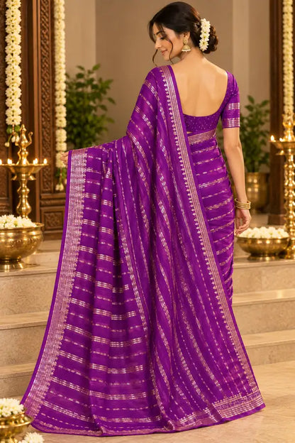 Viscose Georgette Saree with Golden Woven Border & Running Blouse