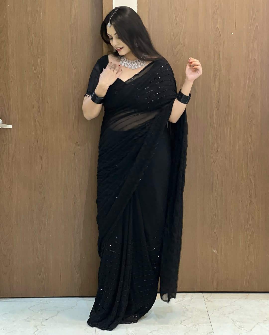 Launch Grand party wear saree in original black beeds work