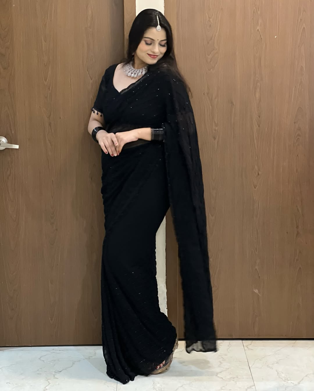 Launch Grand party wear saree in original black beeds work
