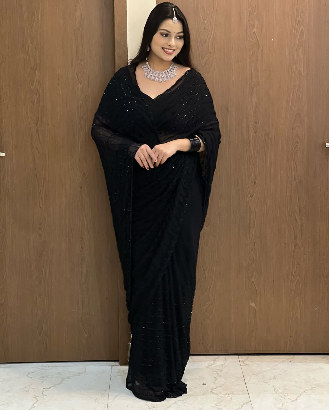 Launch Grand party wear saree in original black beeds work