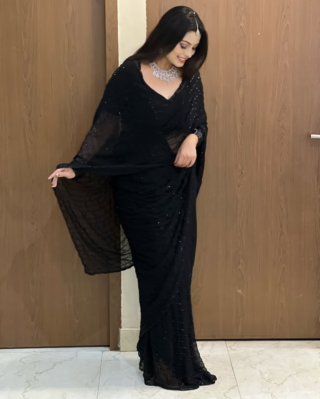 Launch Grand party wear saree in original black beeds work