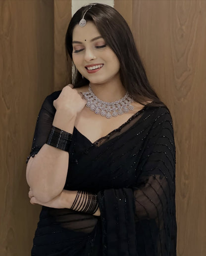 Launch Grand party wear saree in original black beeds work