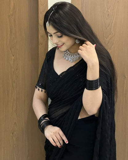 Launch Grand party wear saree in original black beeds work