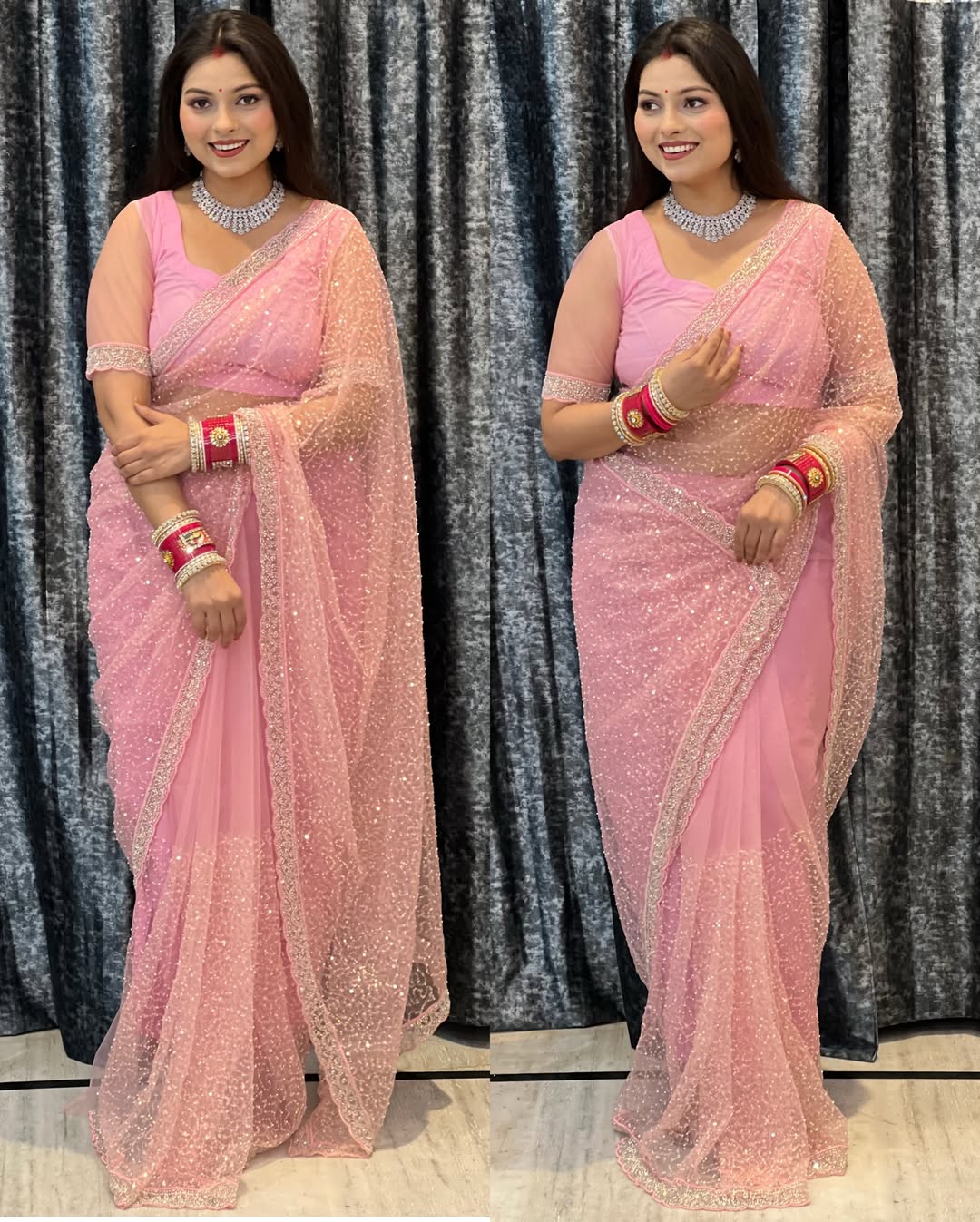 Soft Net Saree with Sequins & Beads Embroidery