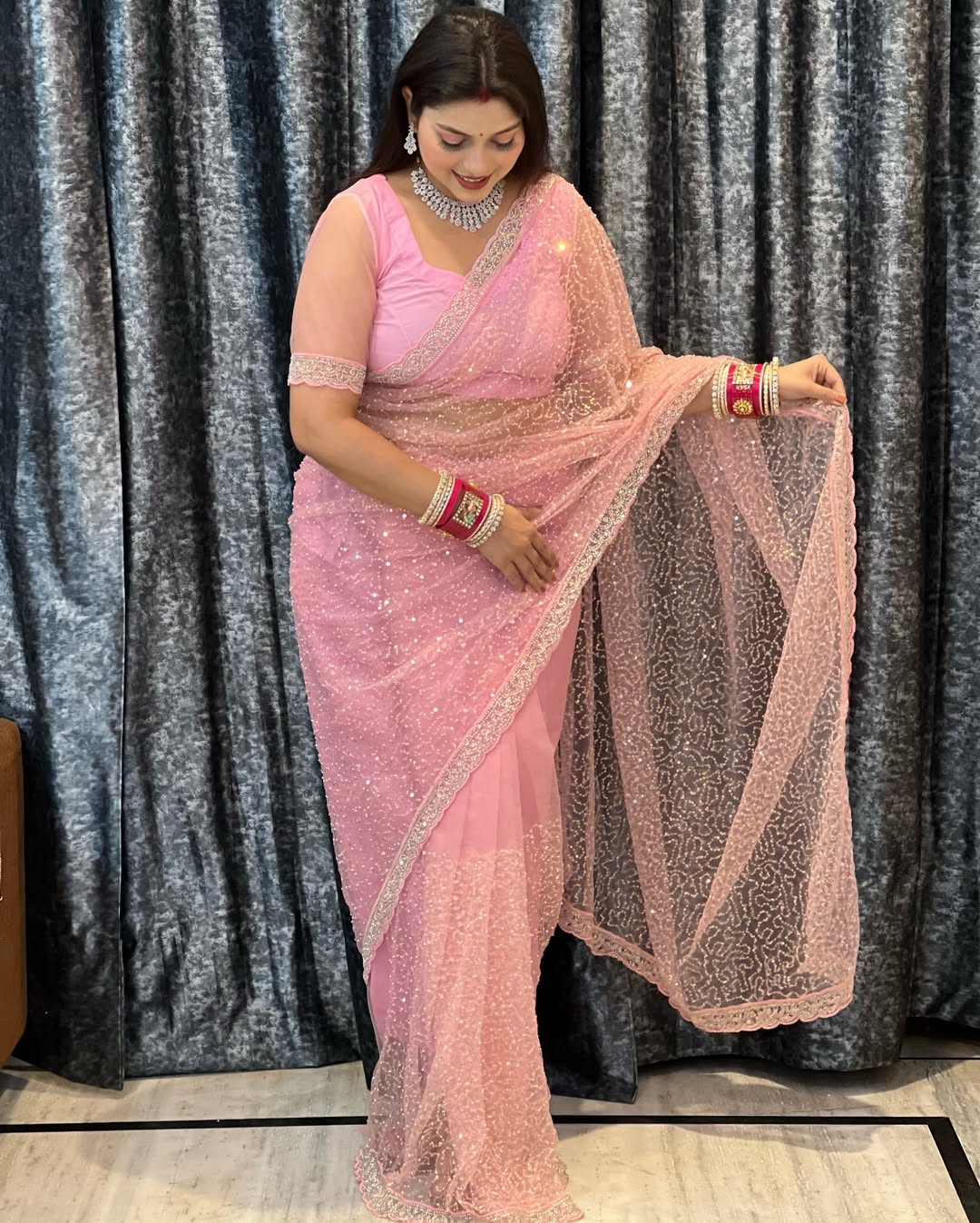 Soft Net Saree with Sequins & Beads Embroidery