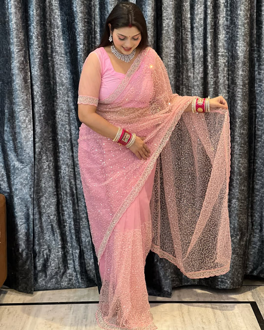 Soft Net Saree with Sequins & Beads Embroidery