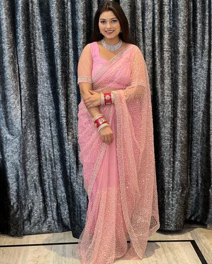 Soft Net Saree with Sequins & Beads Embroidery