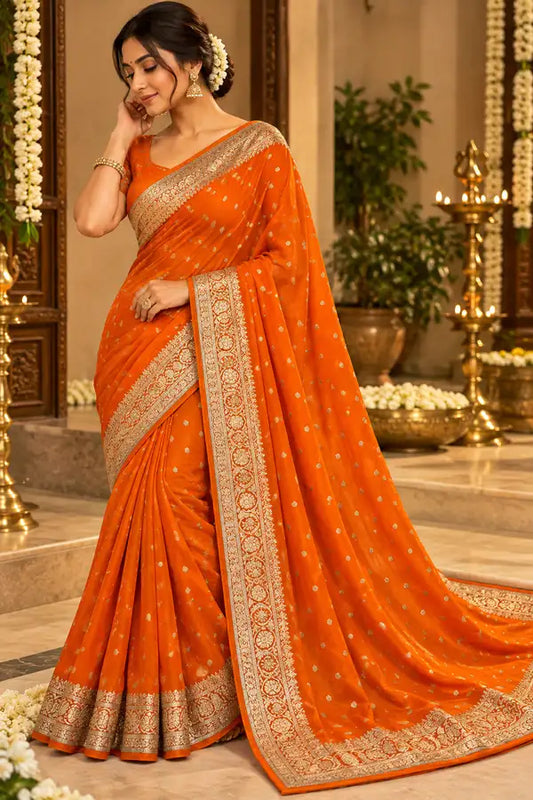 Orange Viscose Georgette Saree with Golden Woven Border & Running Blouse