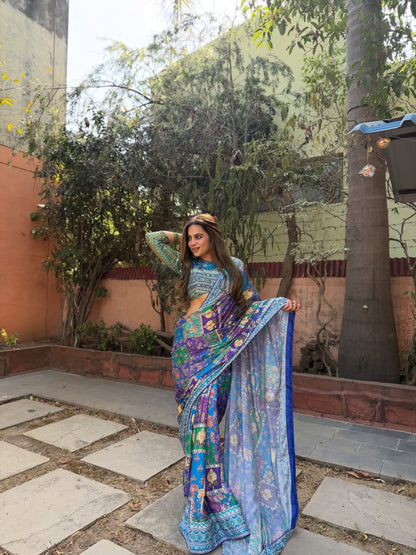 Beautiful Soft Chinnon Designer Saree with Gold Zari & Real Mirror Work