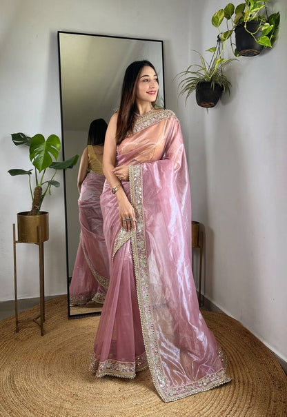 Silver Tissue Silk  Designer Embroidery Work of  Sequence