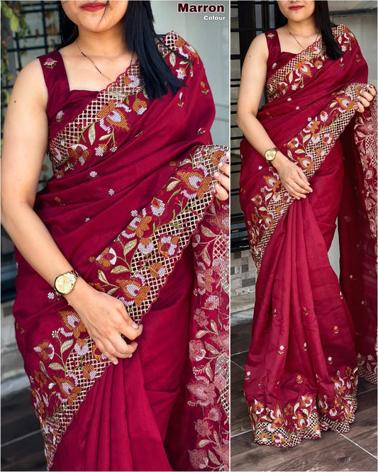 Visca Slub Silk  Stunning Cut Work Visca Slub Silk Saree.