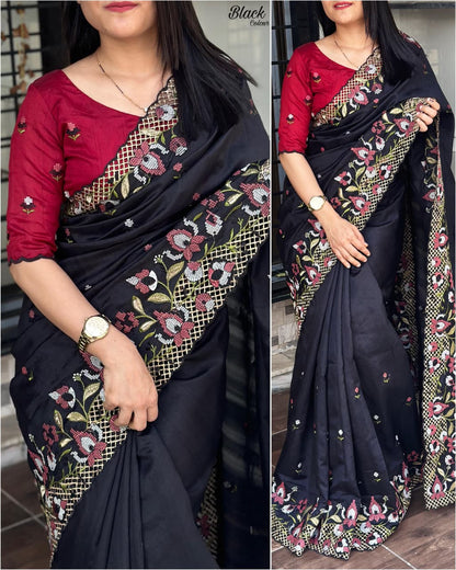 Visca Slub Silk  Stunning Cut Work Visca Slub Silk Saree.