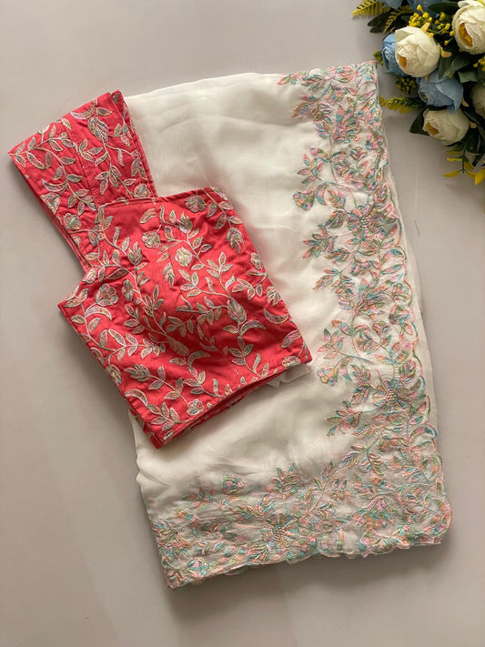 Pure Tabby orgenza silk with Multi thread embroidery work