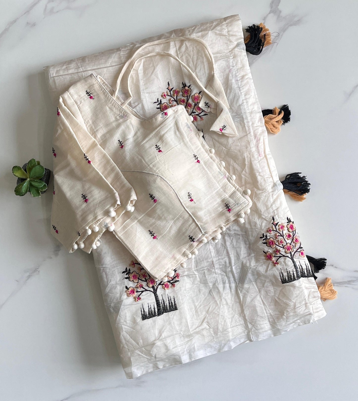 Premium Chanderi saree with. Tree work on all over the saree