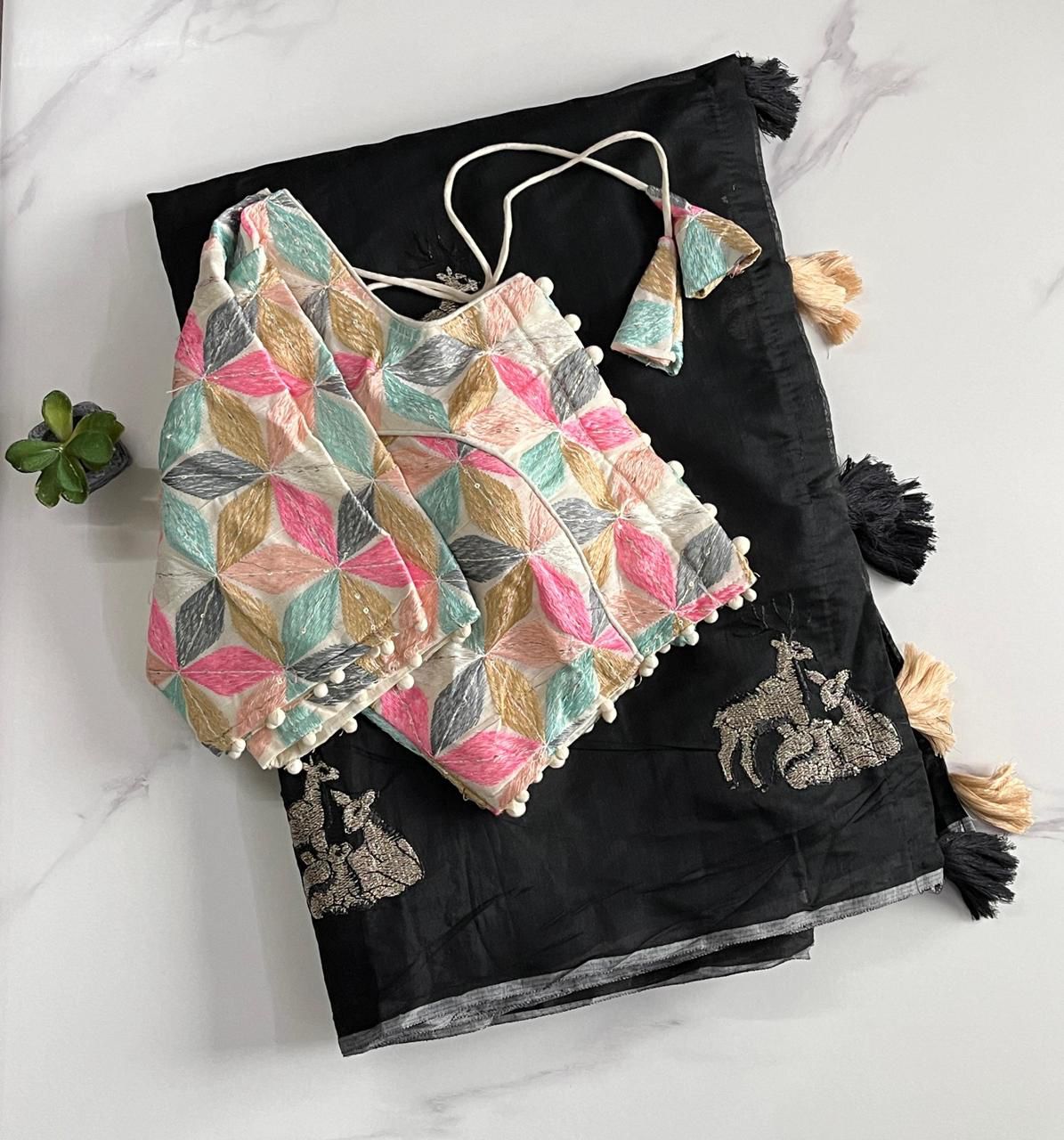 Premium Chanderi Saree With Deer Work On All Over The Saree