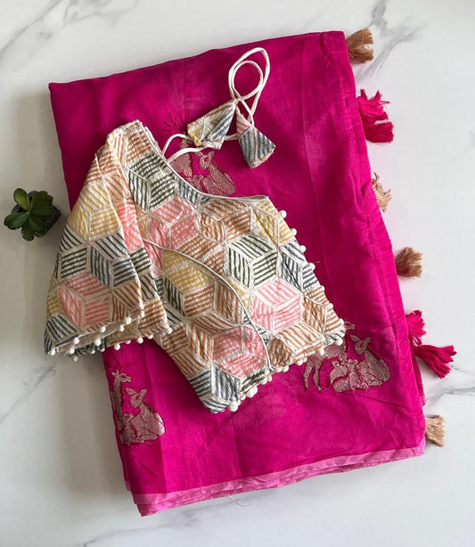 Premium Chanderi Saree With Deer Work On All Over The Saree