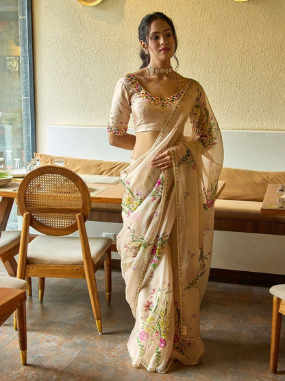 Beautiful floral print with beads, Sequins and katdana handwork in border saree