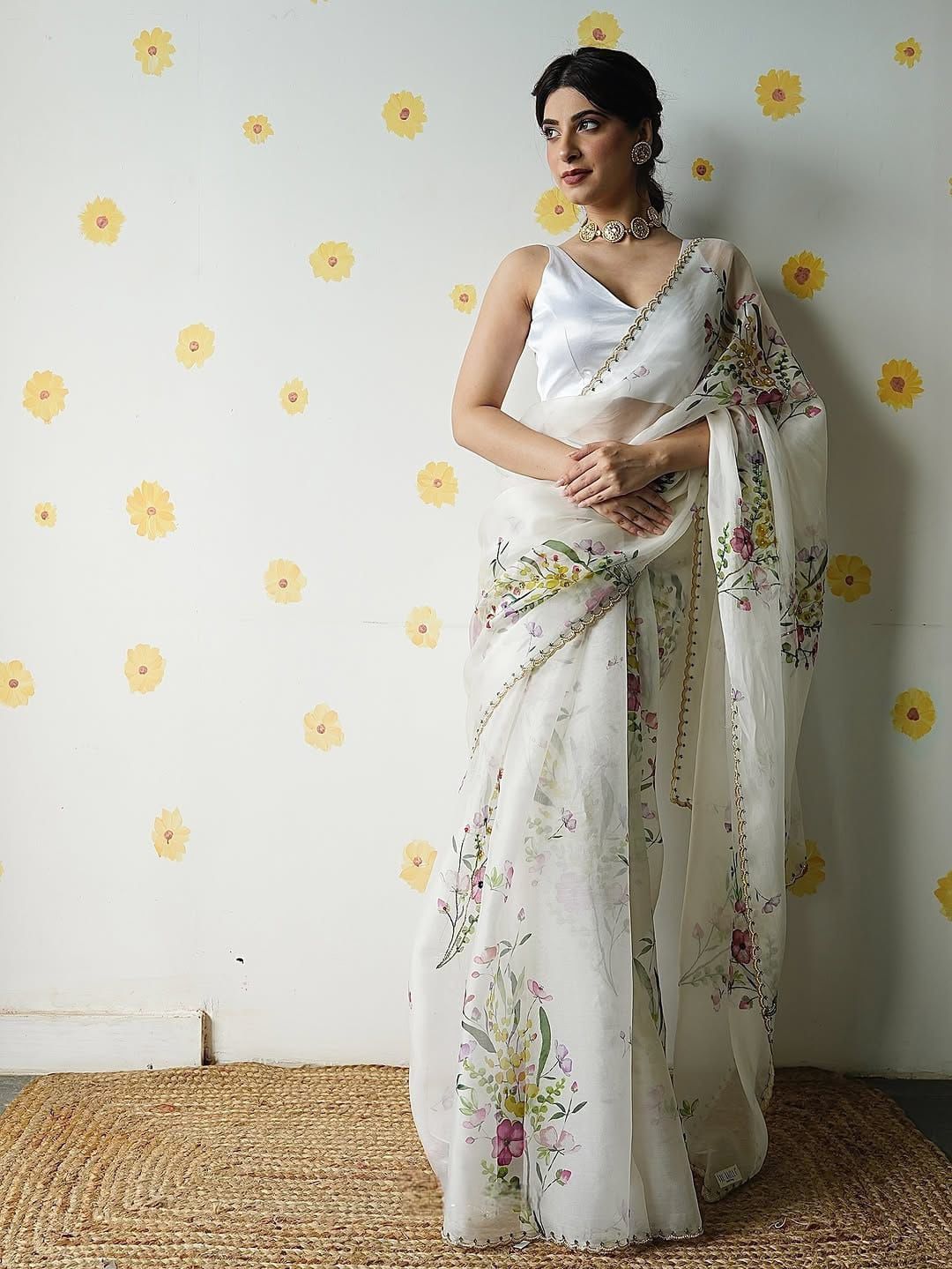 Beautiful floral print with beads, Sequins and katdana handwork in border saree