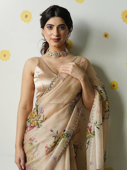 Beautiful floral print with beads, Sequins and katdana handwork in border saree
