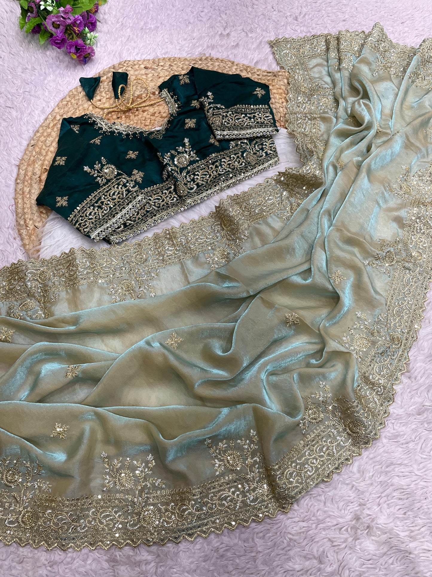 C -Pallu 3 Mm Multi Sequence   Embroidery Work With  Sequence Butti In  Body Parts.