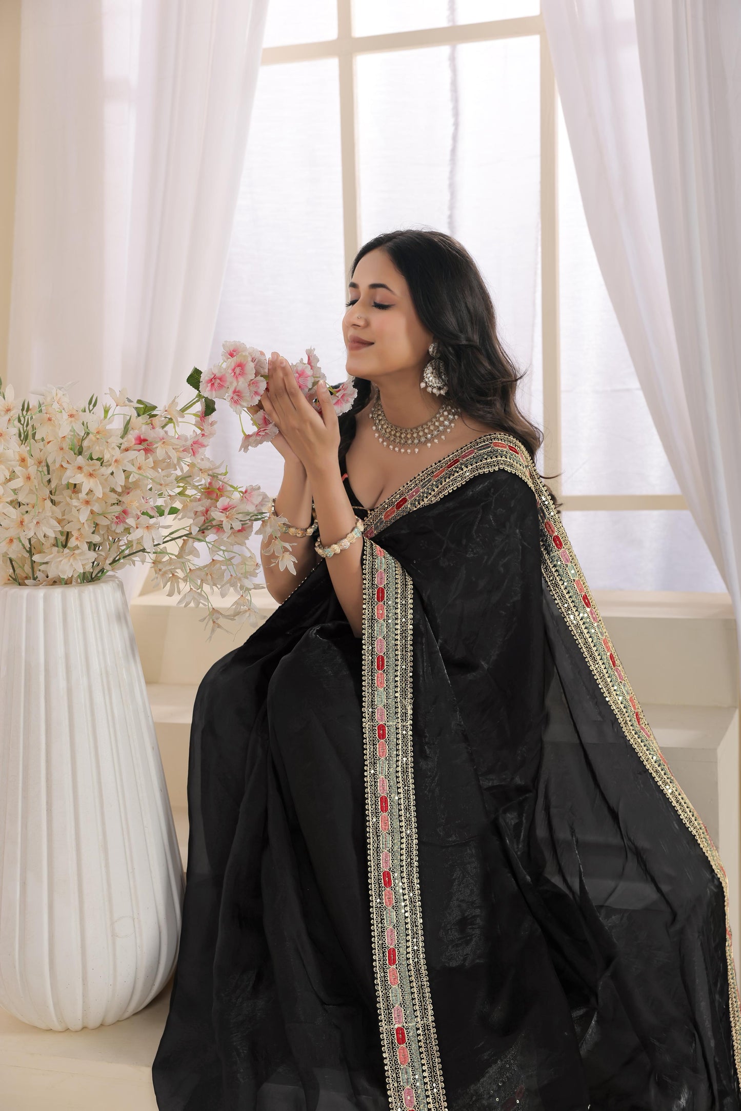 Beautiful multicolour thread and sequins embroidery work lace border