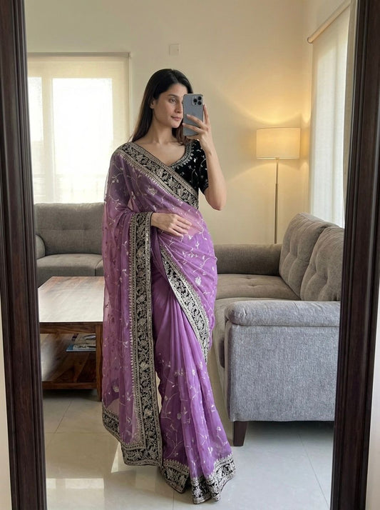 Beautiful Sequence And Zari Work Embroidery With Velvet Lace Border