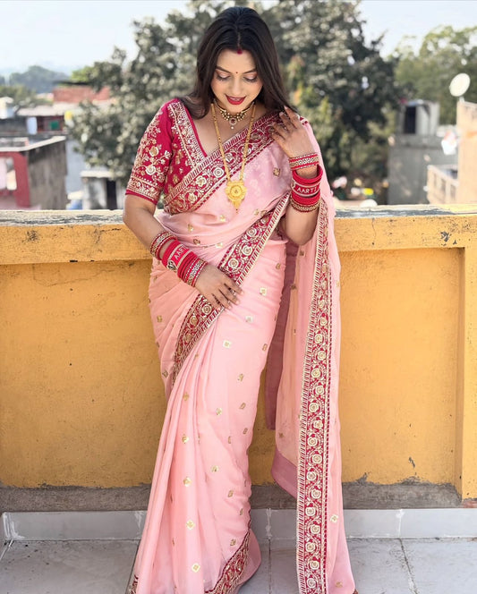 Soft Rangoli Silk Saree with Sequins & Dori Embroidery Lace Border