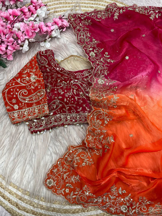 Premium Fendy Satin Paiding Saree with C-Pallu Multi Sequins Embroidery