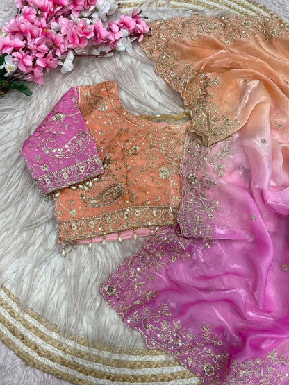 Premium Fendy Satin Paiding Saree with C-Pallu Multi Sequins Embroidery