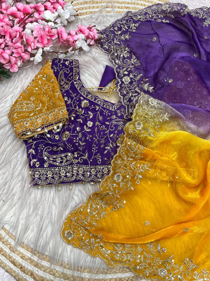 Premium Fendy Satin Paiding Saree with C-Pallu Multi Sequins Embroidery