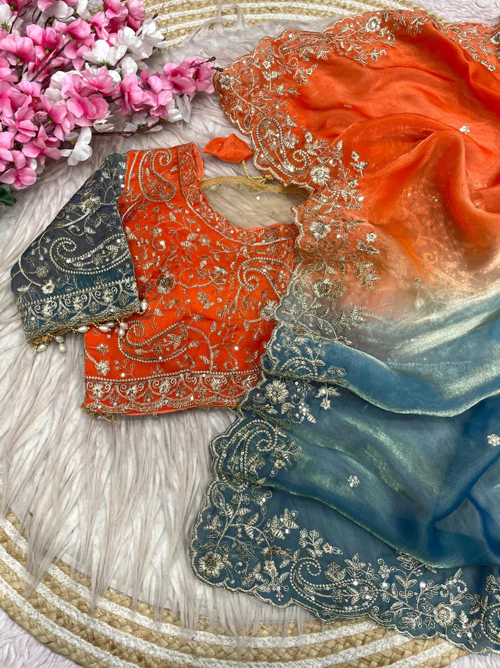 Premium Fendy Satin Paiding Saree with C-Pallu Multi Sequins Embroidery