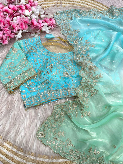 Premium Fendy Satin Paiding Saree with C-Pallu Multi Sequins Embroidery