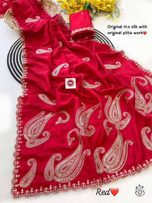 Premium Quality Soft H.O Silk Saree with Heavy Pitta Aari-Tari Work & Designer Cut Border