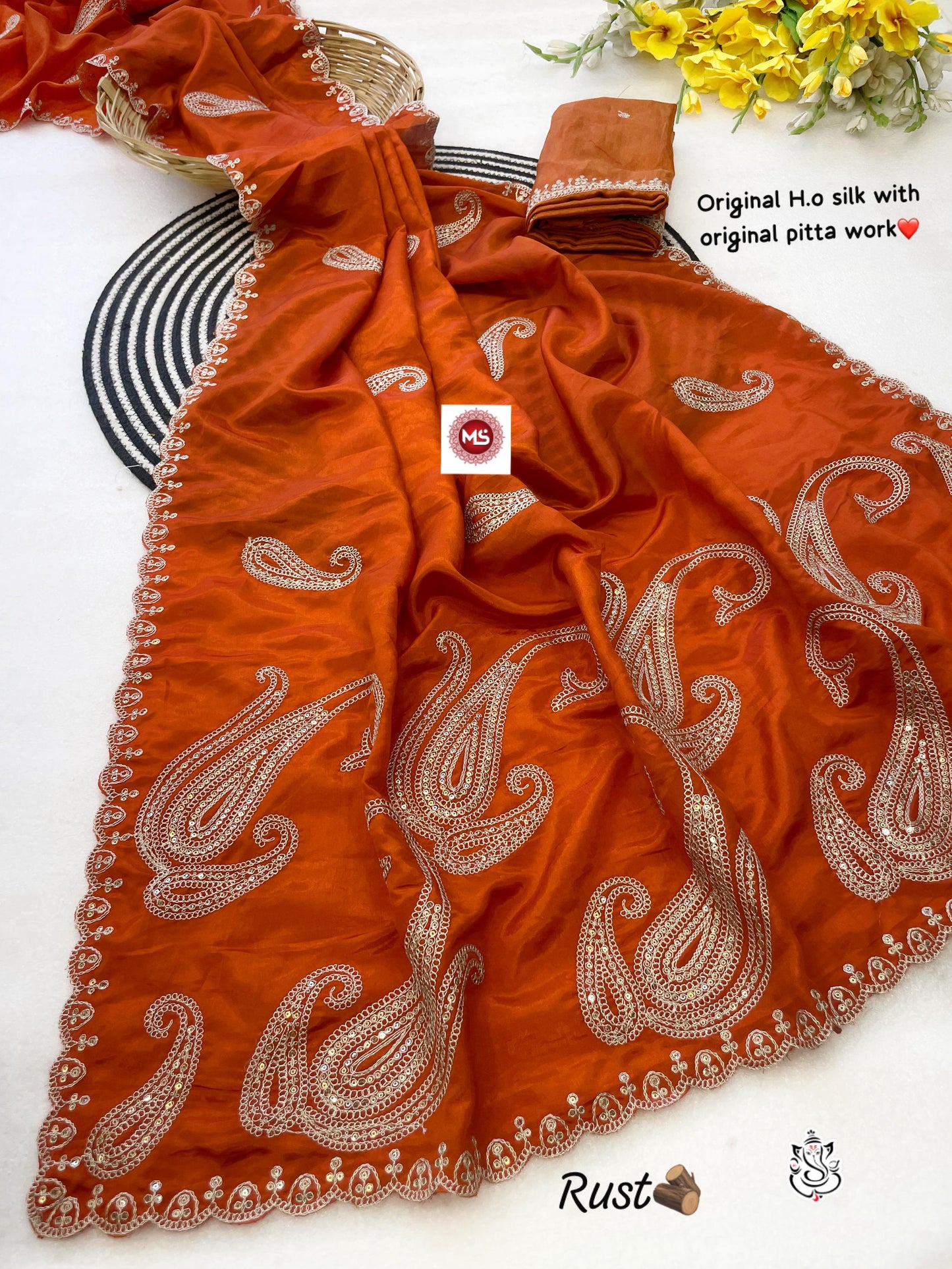 Premium Quality Soft H.O Silk Saree with Heavy Pitta Aari-Tari Work & Designer Cut Border